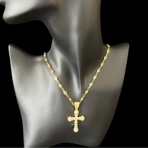Gold Station Necklace with rhinestones Cross